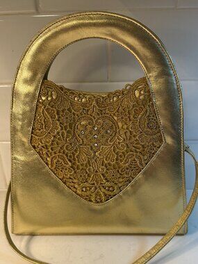 Stuart Weitzman Vintage Metallic Gold Patent Leather and Lace Evening Bag RARE